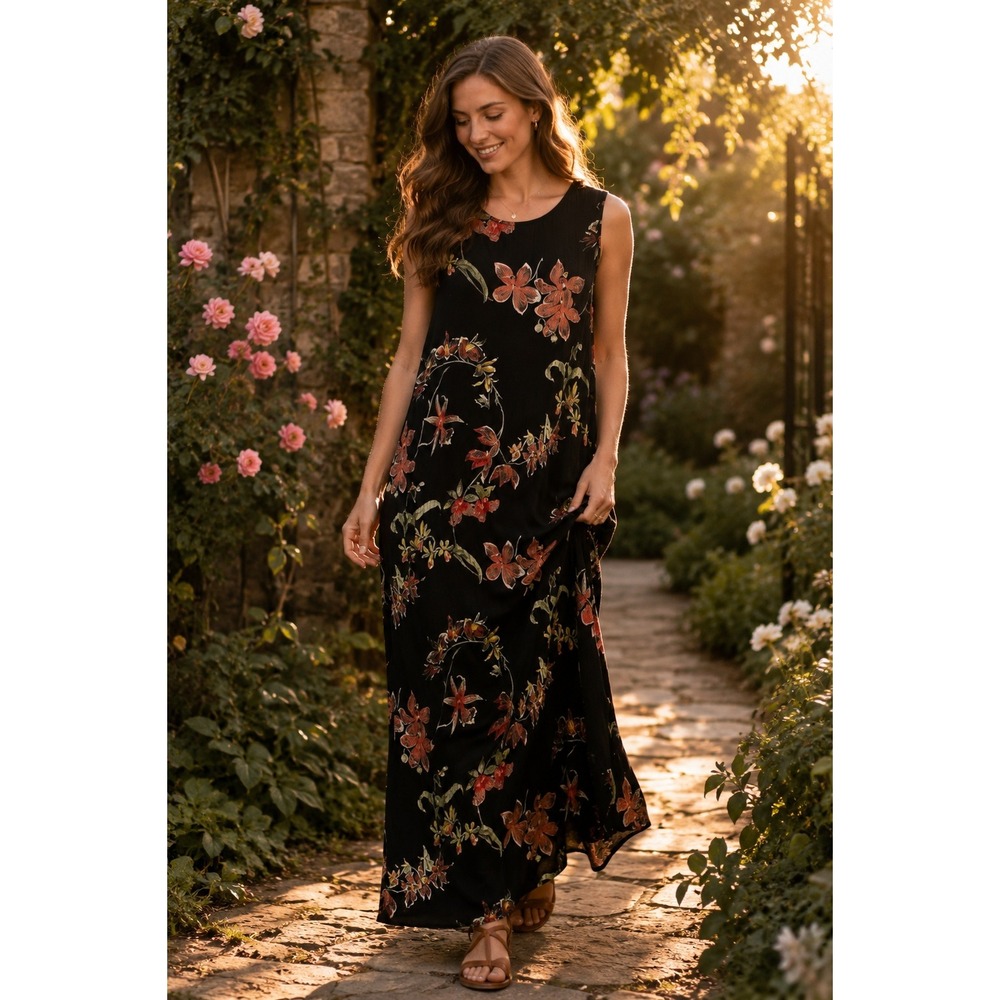 VTG! Dressing Clio Maxi Dress Black Red Floral PL 90s Y2K USA Whimsygoth Classic